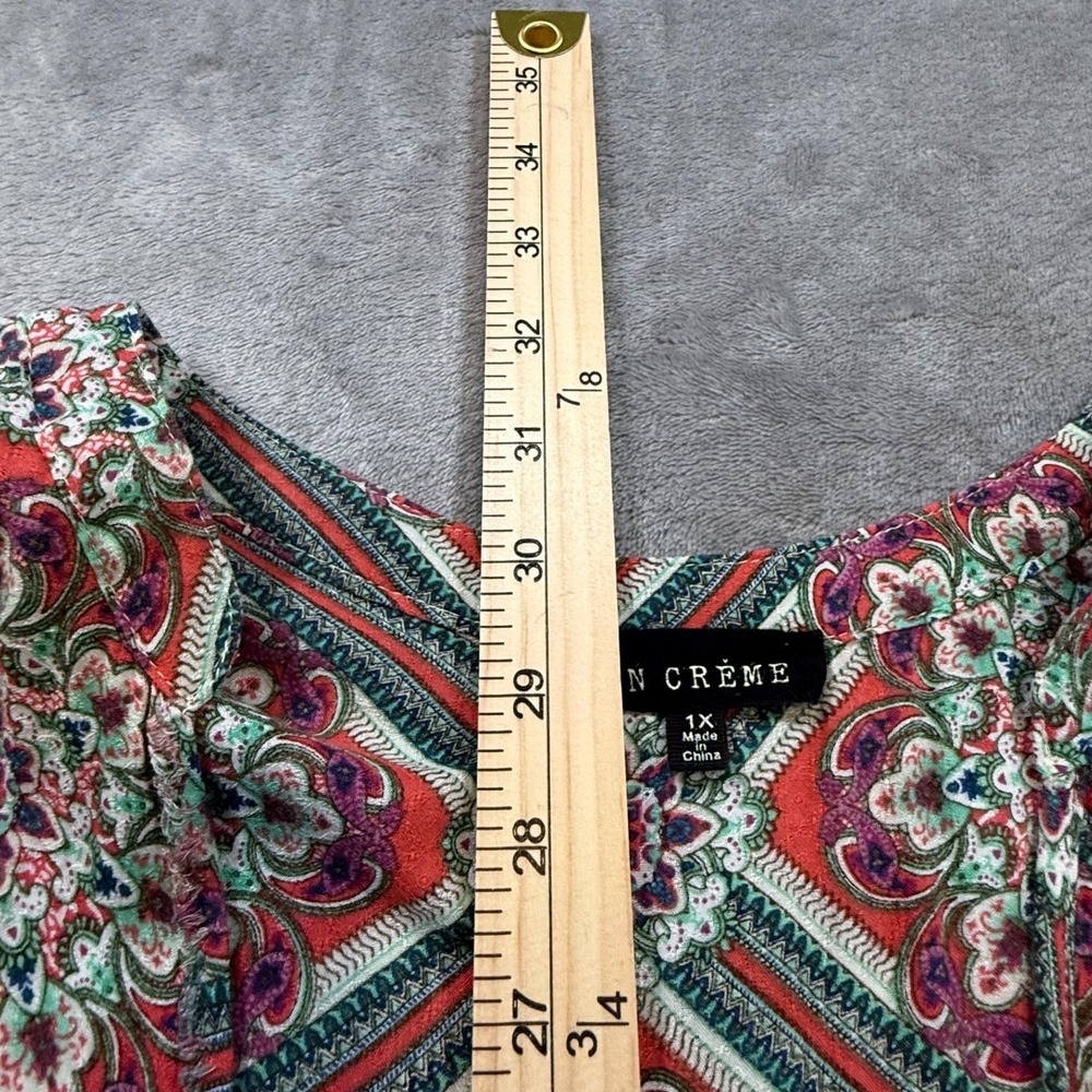 En Creme 1X Boho Paisley Print Shift Dress Pink Green Long Sleeve Plus Size - Picture 9 of 10